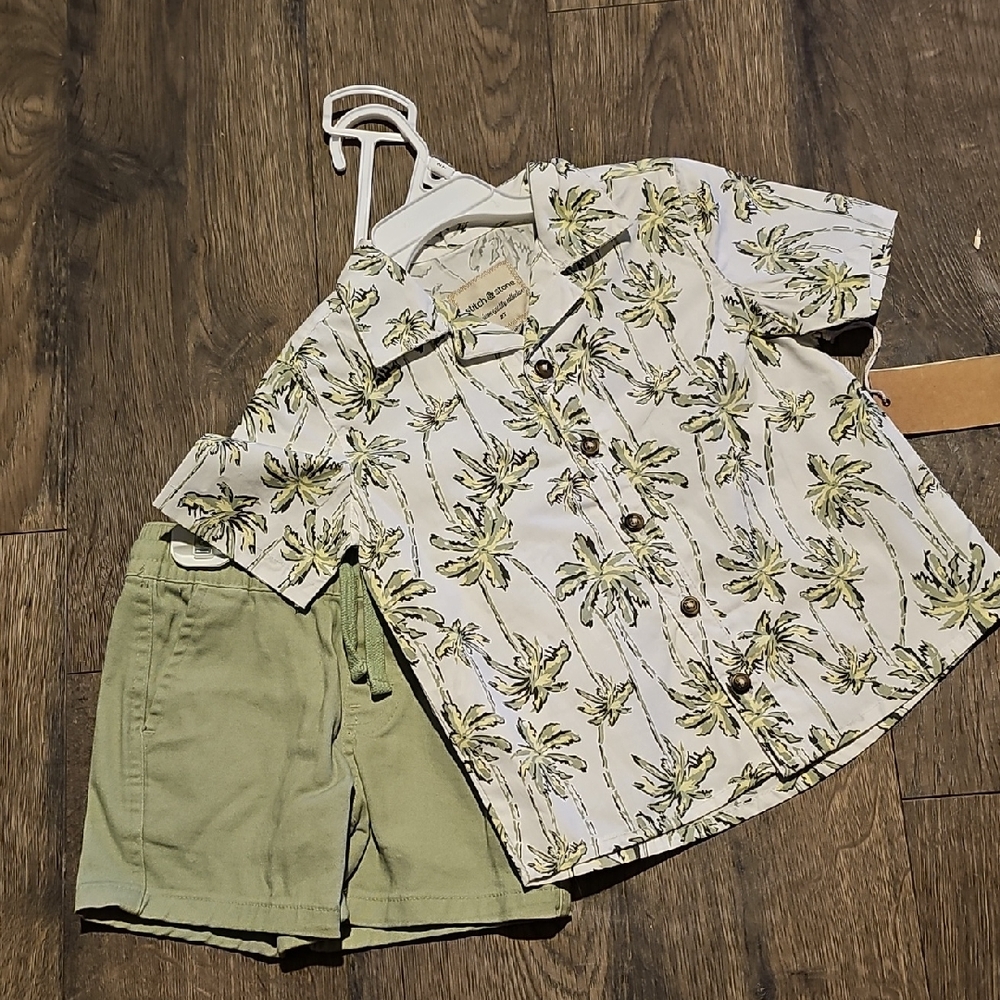 NWT Stitch & Stone Palm Tree Short Set Shirt Sage Toddler Boy 2t Button Down